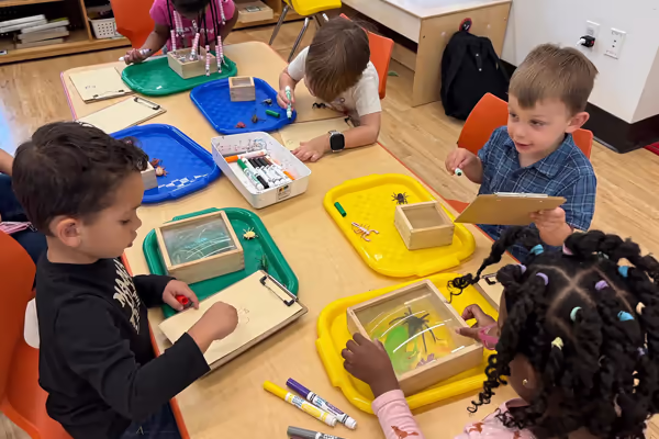 Children drawing at classroom table