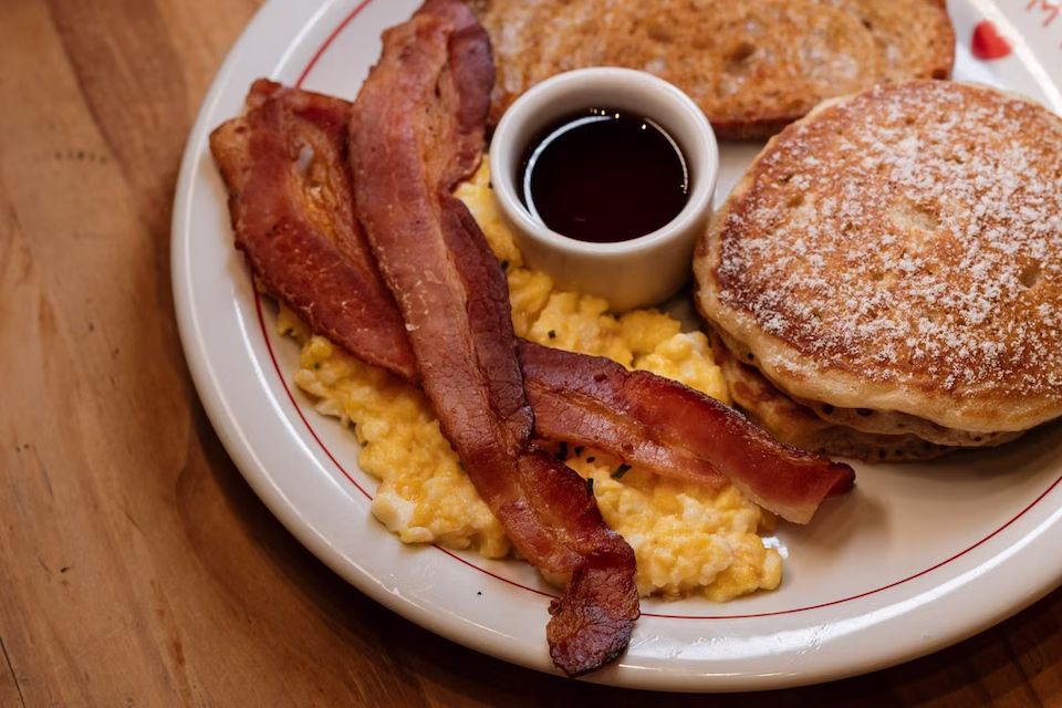 Plate of pancakes, bacon, eggs, and toast