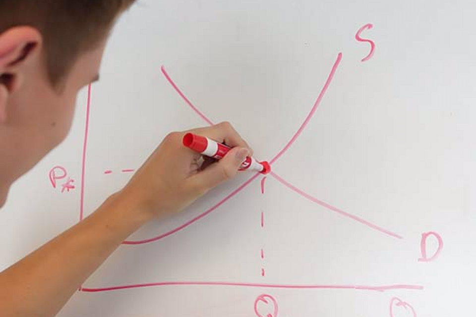 Student practicing course material on whiteboard