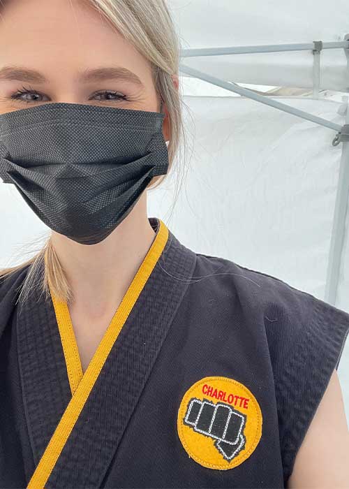 Phoebe in costume for&nbsp;Cobra Kai.
