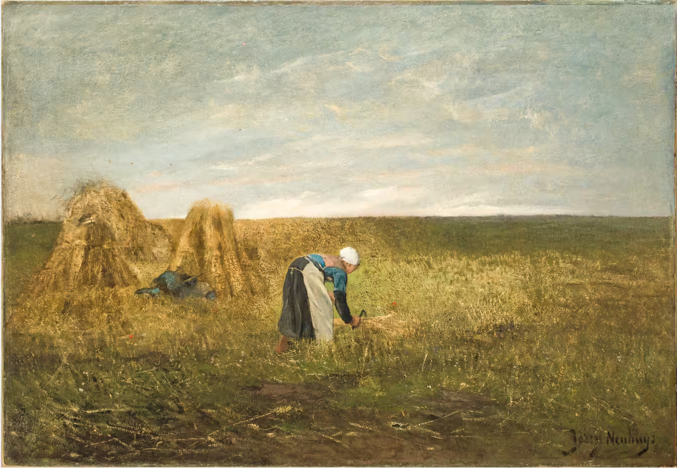 painting of woman gathering hay in landscape