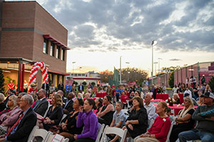 crowd listening to speakers at ceremony
