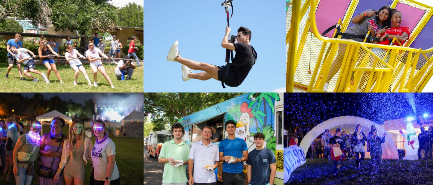 collage of campus events, including tug-of-war, concerts, snow, ziplines, and food trucks