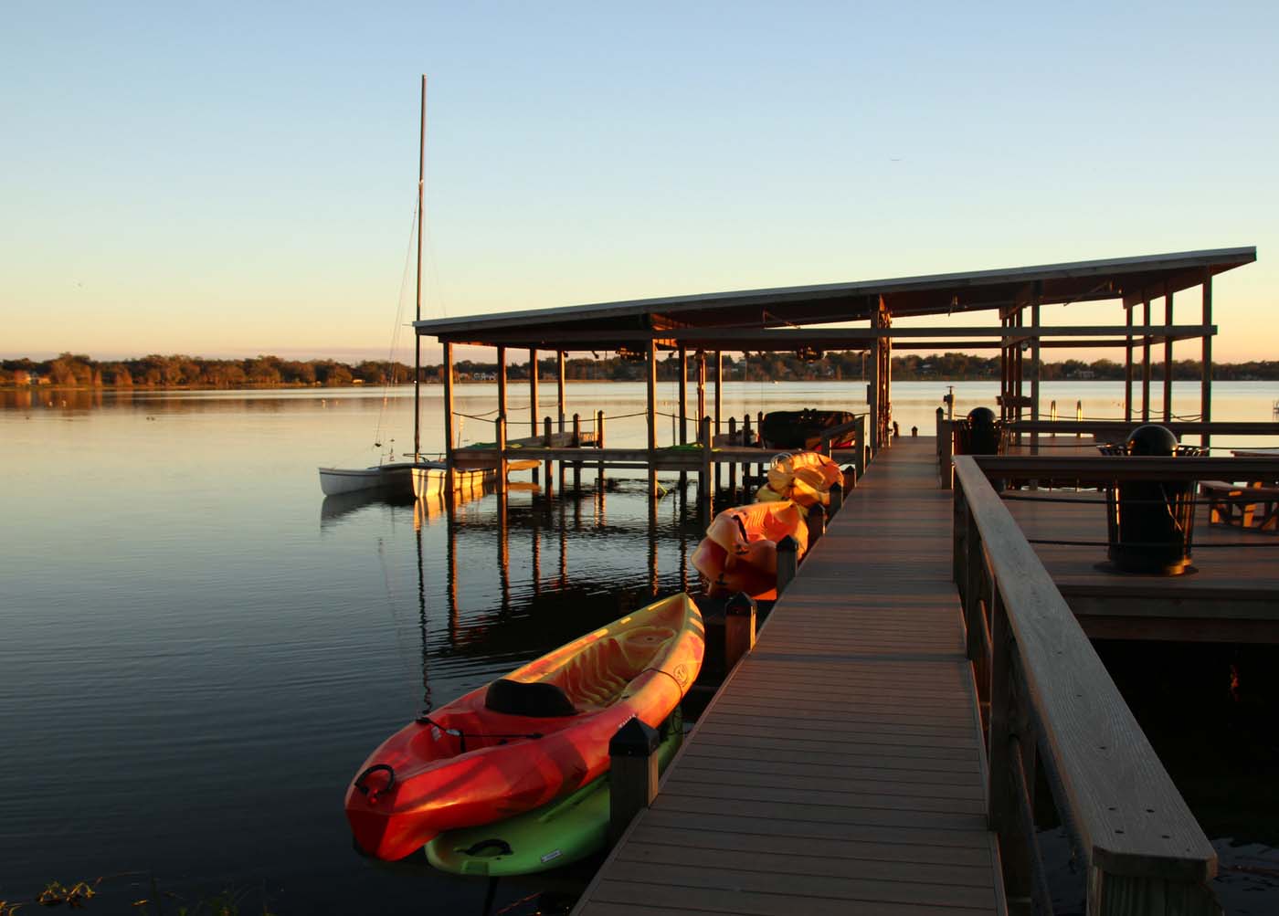 colorful sunset over the lake dock