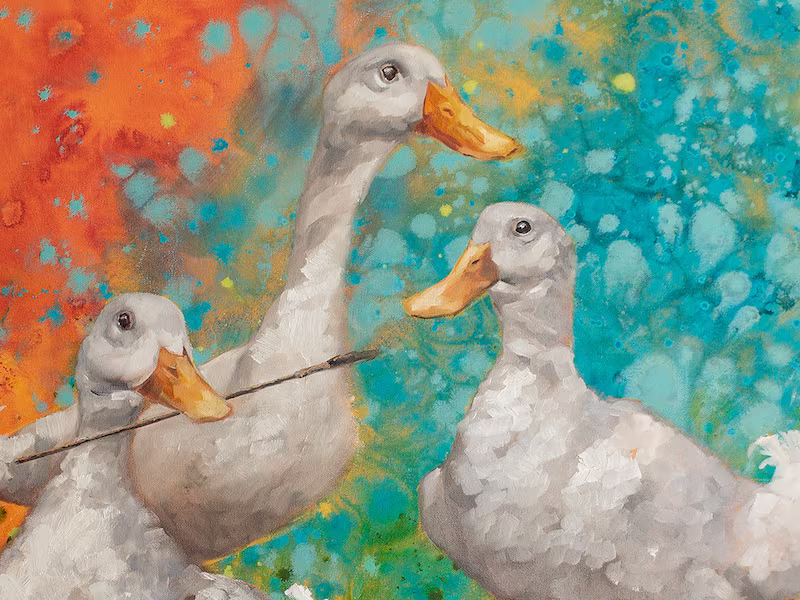 The poster image, a colorful oil painting of three ducks, one holding a paintbrush