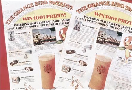 The Orange Bird Sweepstakes reads, "Win 1001 prizes! Including 10 all-expense family vacations to Walt Disney World - The Home of the Orange Bird"