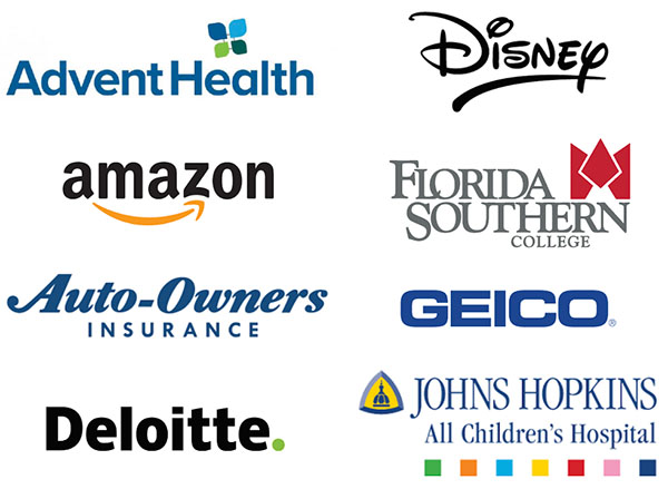 Advent Health, Disney, Amazon, Florida Southern College, Auto-Owners Insurance, GEICO, Deloitte, Johns Hopkins All Children's Hospital